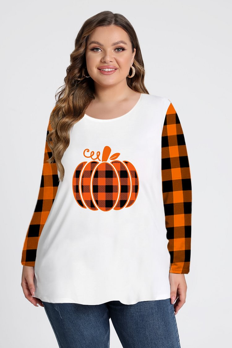Flycurvy Plus Size Halloween White Plaid Stitching Pumpkin Print Long Sleeve T-Shirt  flycurvy [product_label]