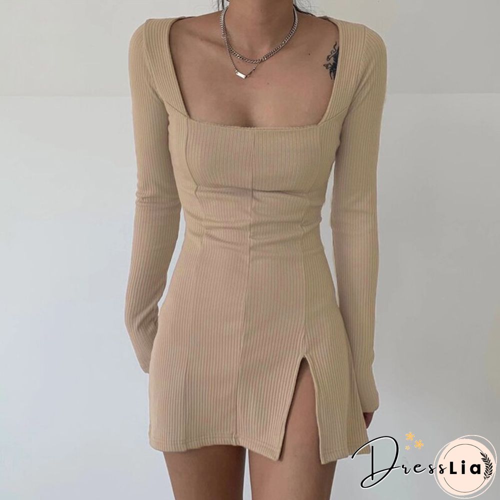 Weekeep Sexy Side Split Square Collar Long Sleeve Spring Dress Women Knitted Bodycon Party Clubwear Mini Dresses