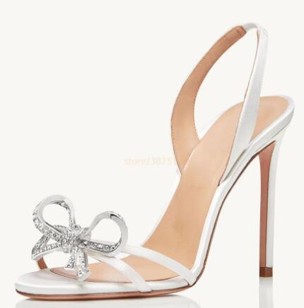 VCSHOES Black Green Blue Bling Bow Tie Crystal Front High Heel Sandals 10 CM Thin Heel Slingback Classic Wedding Shoes