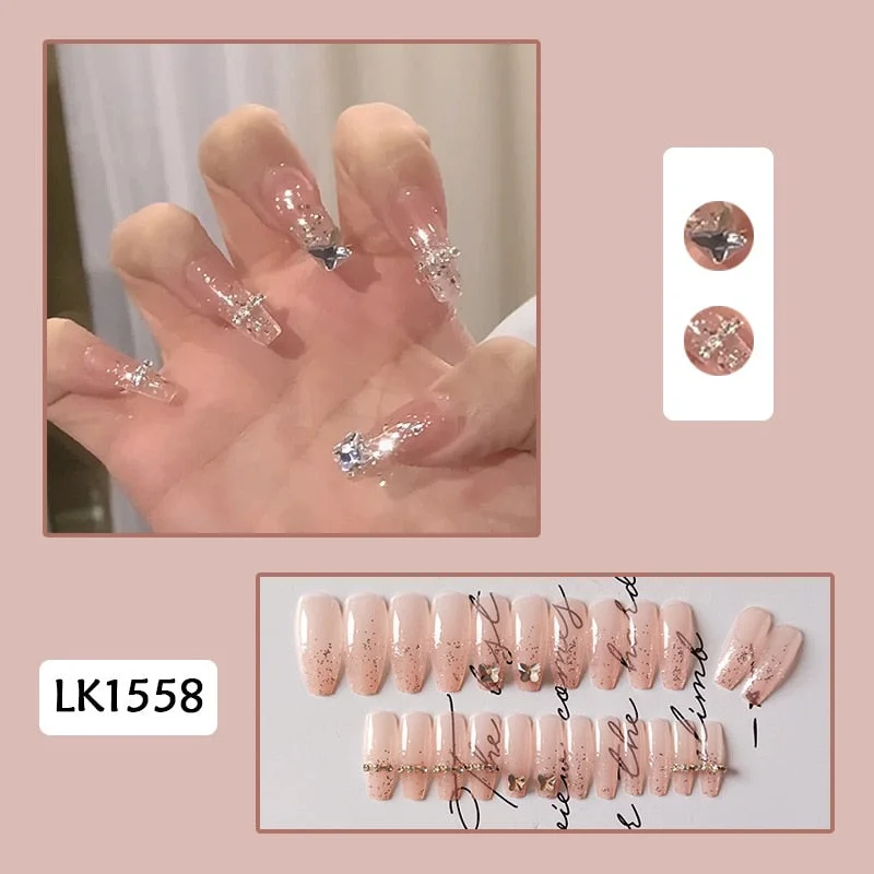 24pcs/box press on nails coffin Halo dyeing gold pink Diamond inlay Manicure patch false nails with glue for girls free shipping-Nail Inspo