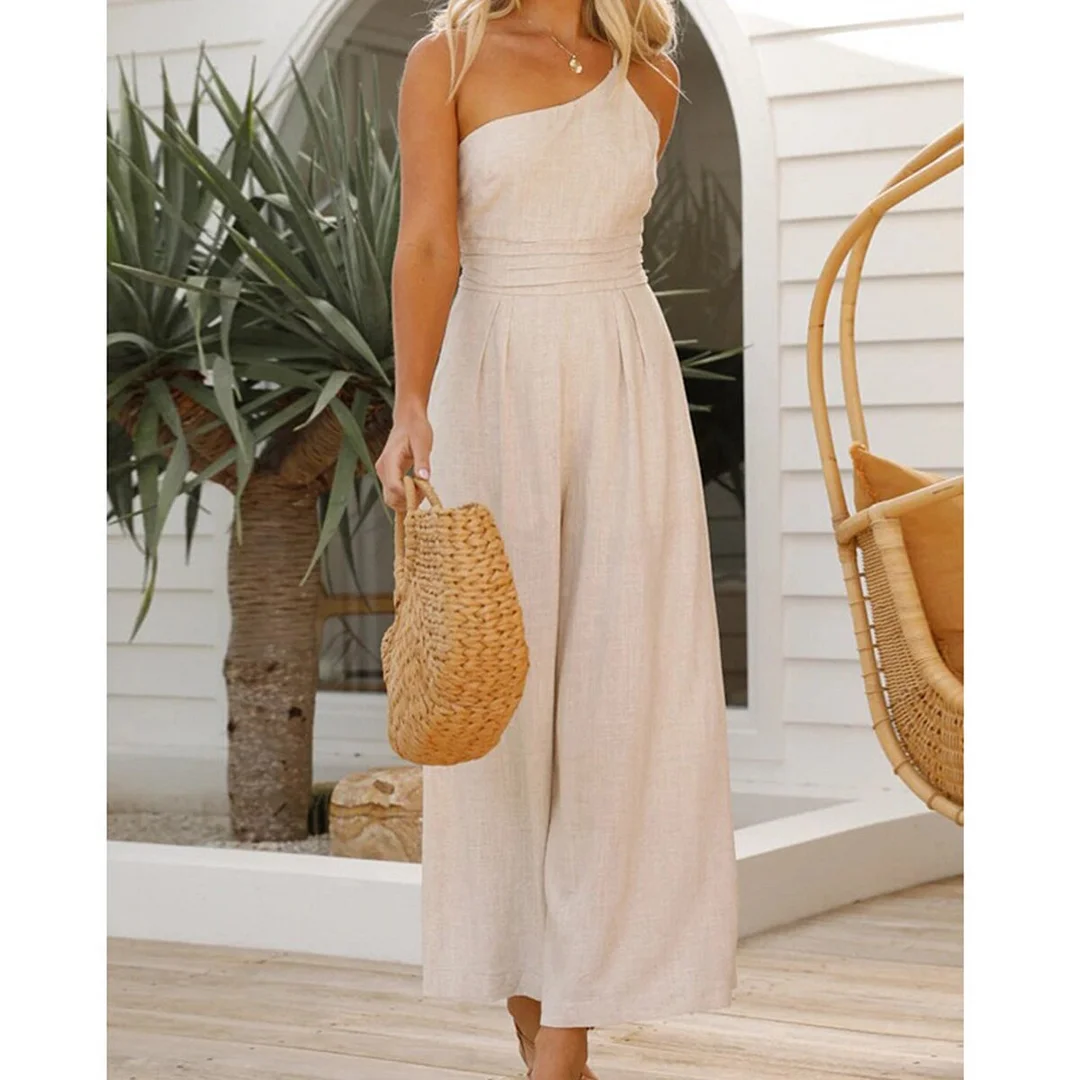Spring Summer Single Shoulder Suspender Jumpsuit Boho Fashion Casual Holiday Beach Women Clothing Solid  One-pieces