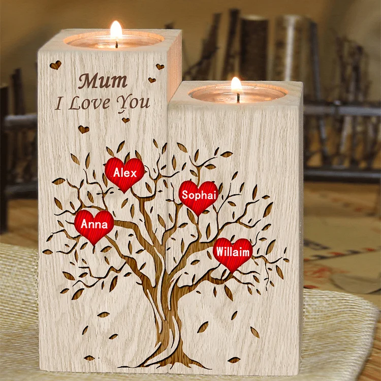 4 Names-Personalized Mum/Nan Family Tree Wooden Candle Holder, Custom Name And Text Family Candlestick for Mother/Grandma