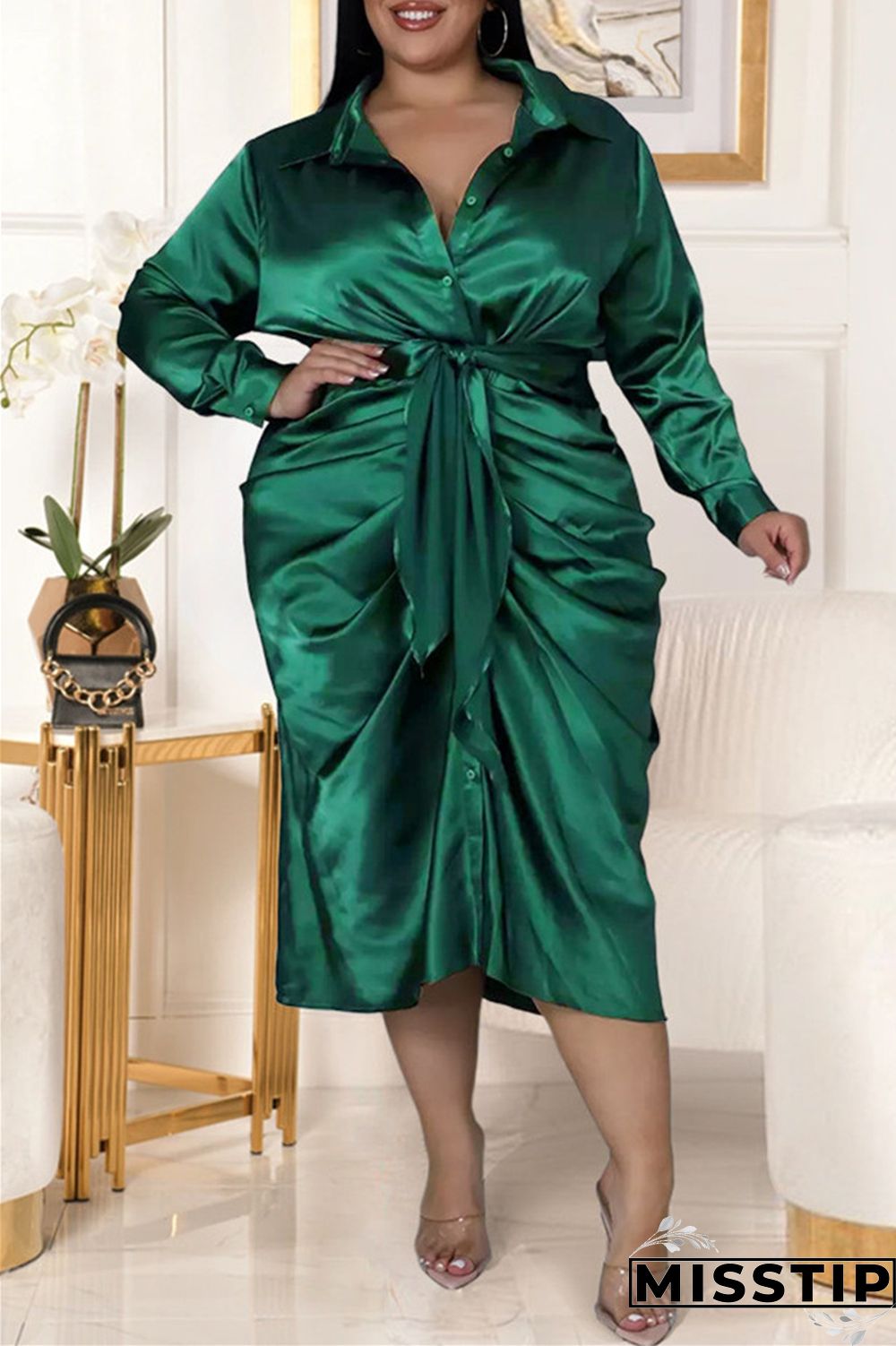 Black Fashion Casual Solid With Belt Turndown Collar Long Sleeve Plus Size Dresses