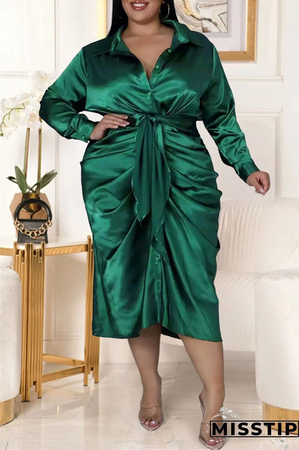 Black Fashion Casual Solid With Belt Turndown Collar Long Sleeve Plus Size Dresses