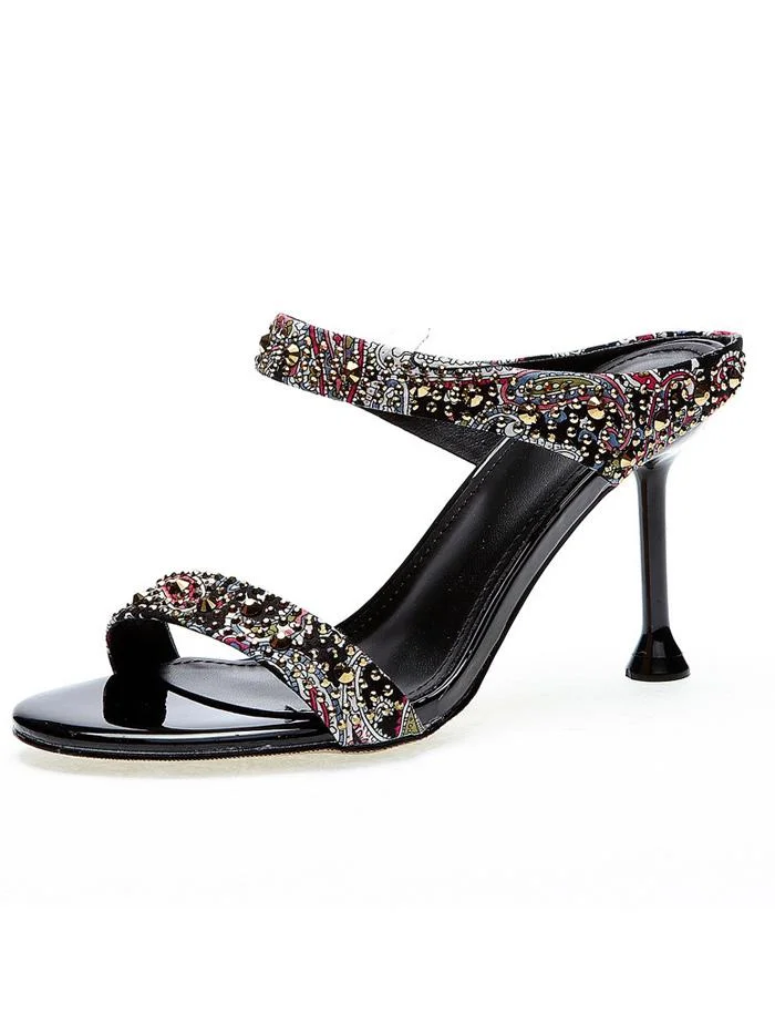 Color-blocking flip flops with rhinestone open-toed stiletto heels and half slippers