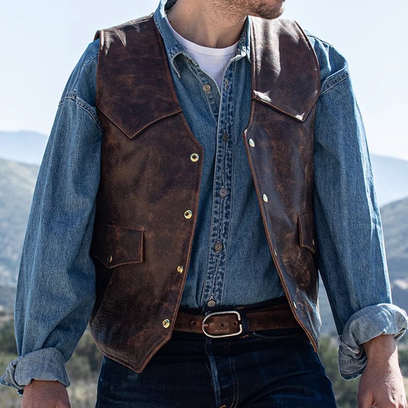 Vintage Western Yoke Contrast Leather Trim Tapered Vest