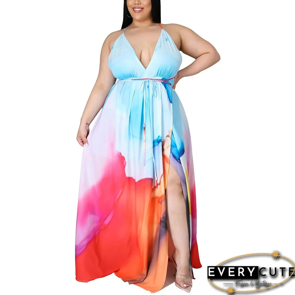 Light Blue Bohemia Deep V Neck Open Back Plus Size Dress