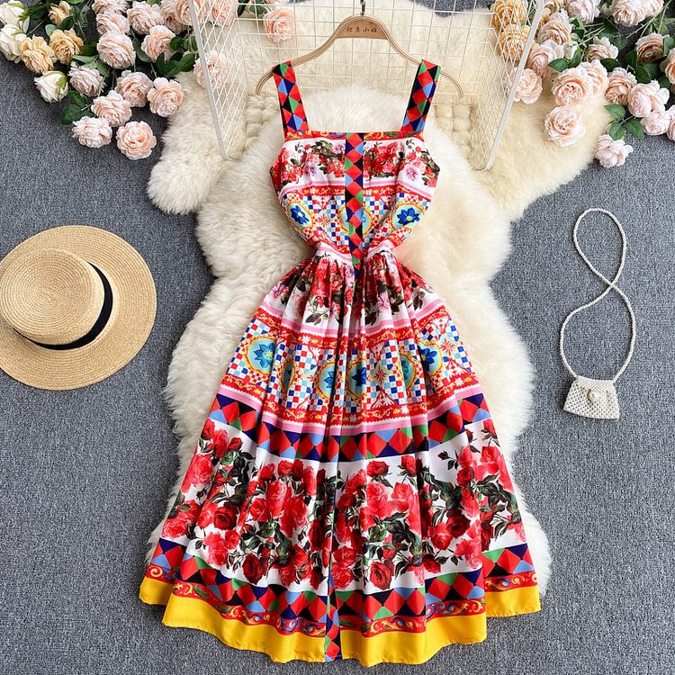 Squared Neck Blossom Printed Dress
