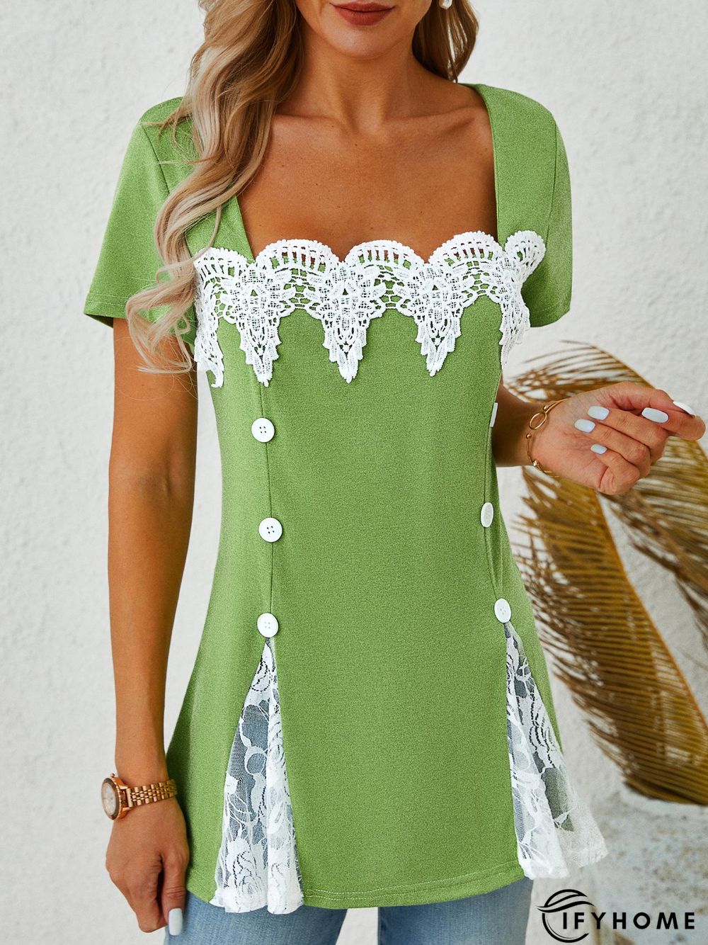 Lace Square Neck Casual Short Sleeve T-Shirt | IFYHOME