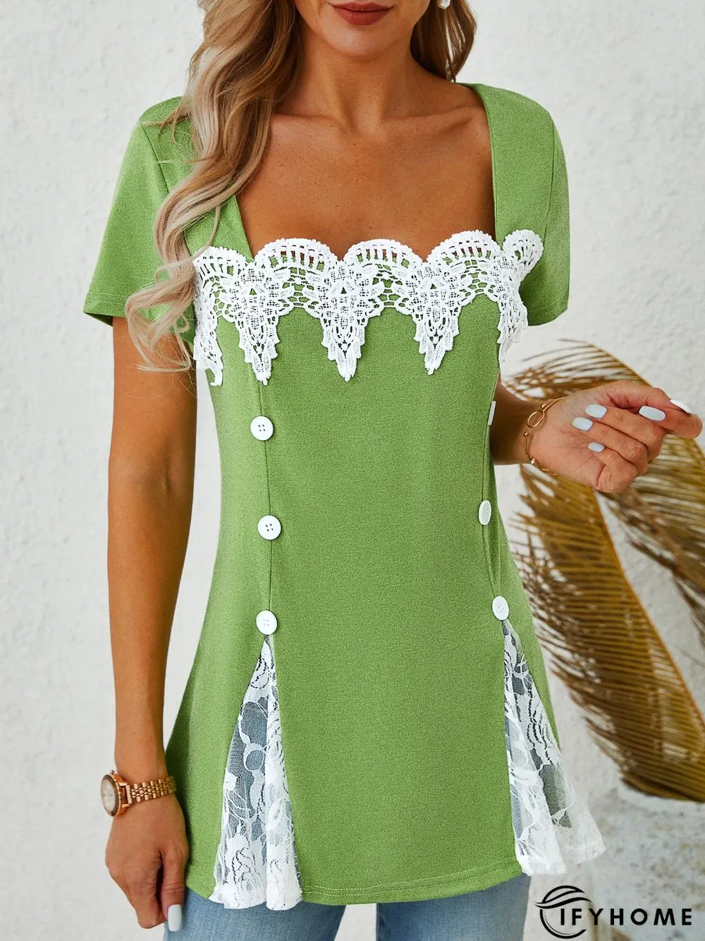 Lace Square Neck Casual Short Sleeve T-Shirt | IFYHOME