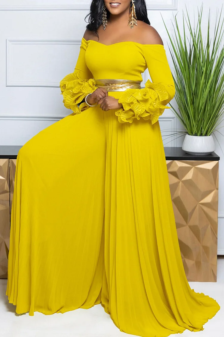 Off Shoulder Ruffled Long Sleeve Pleated Wide Leg Jumpsuit-Yellow