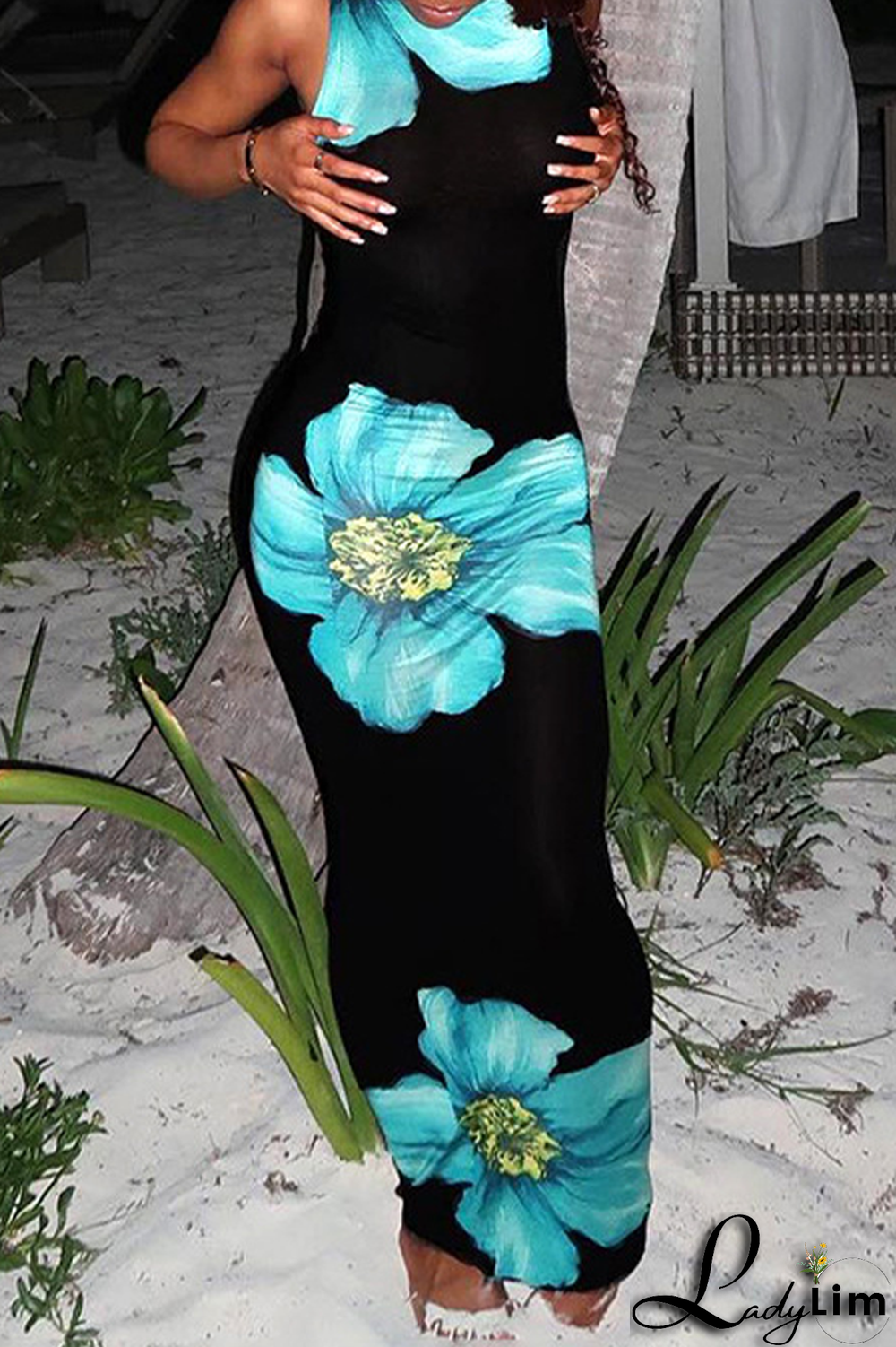 Black Elegant Floral Patchwork O Neck Wrapped Skirt Dresses