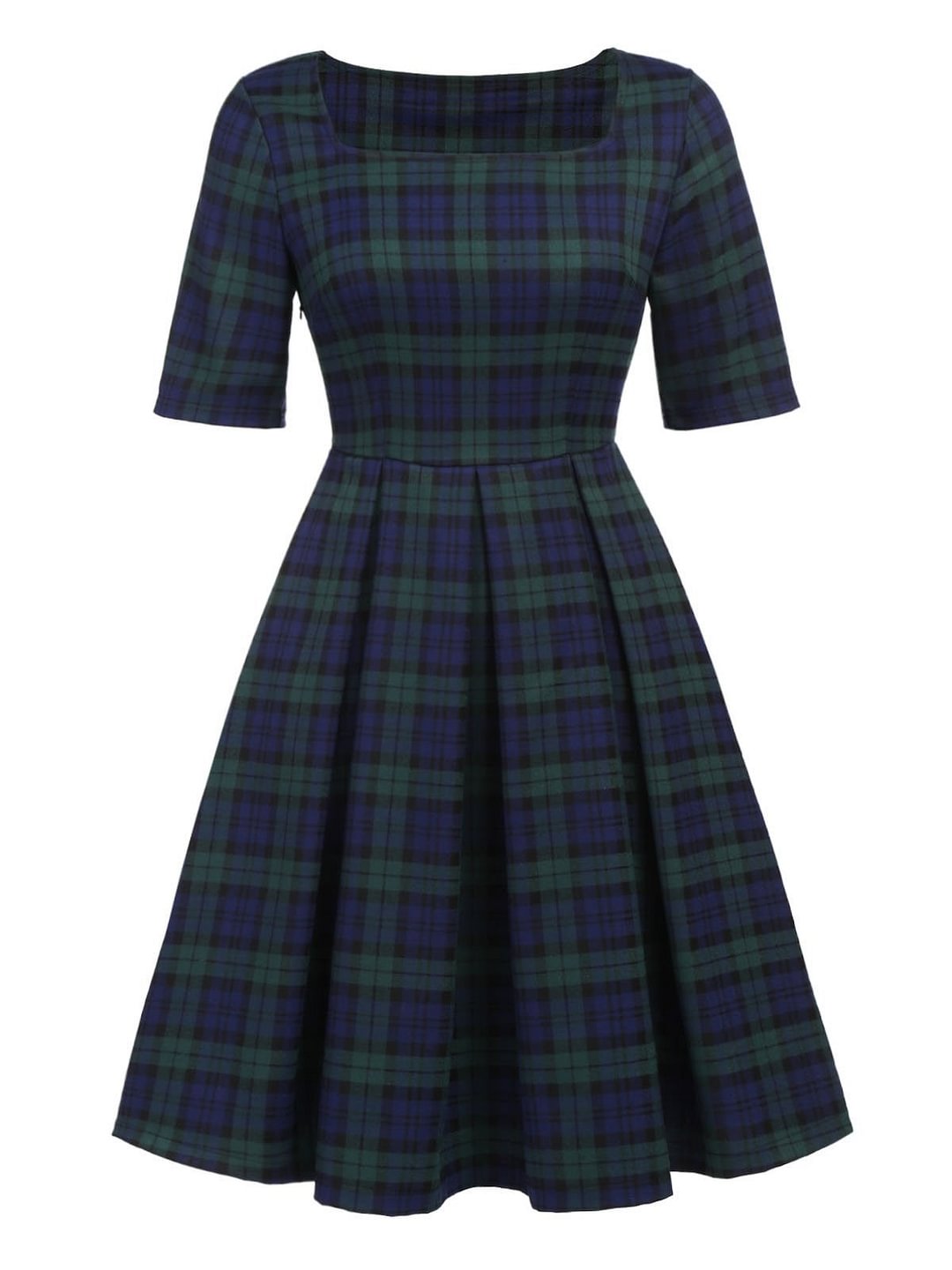 Dark Green 1950s Plaid Square Neck Dress