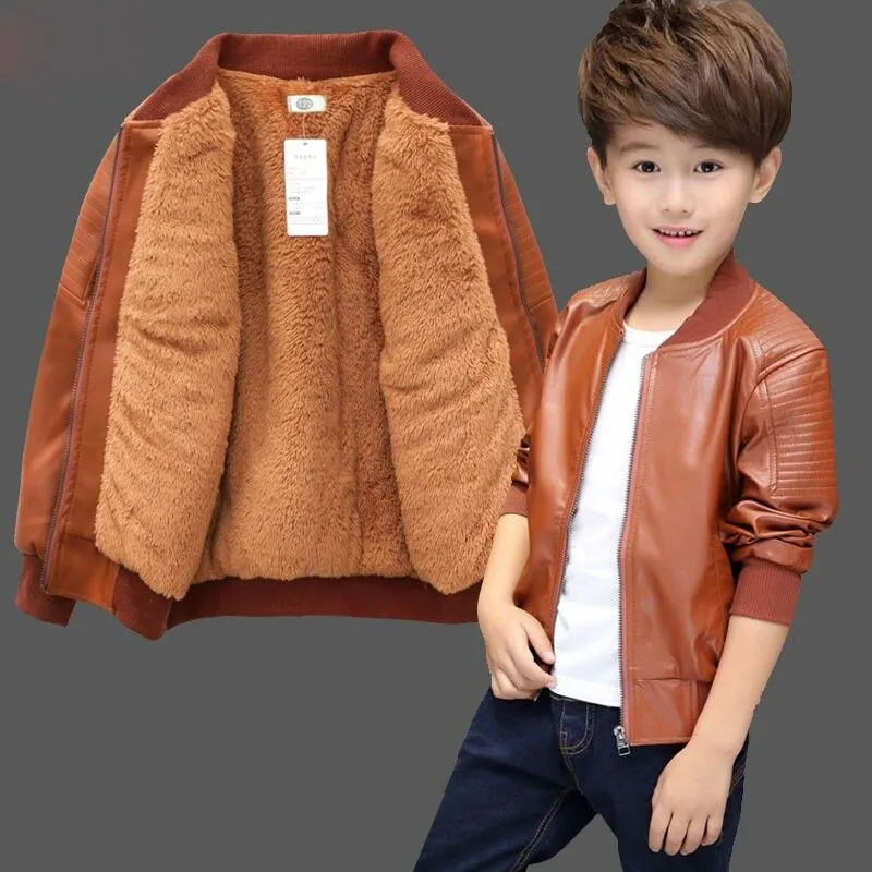 INS hot Baby Boys PU Jackets 1-13 year old Threaded round neck jacket autumn and winter plus velvet thickening all season