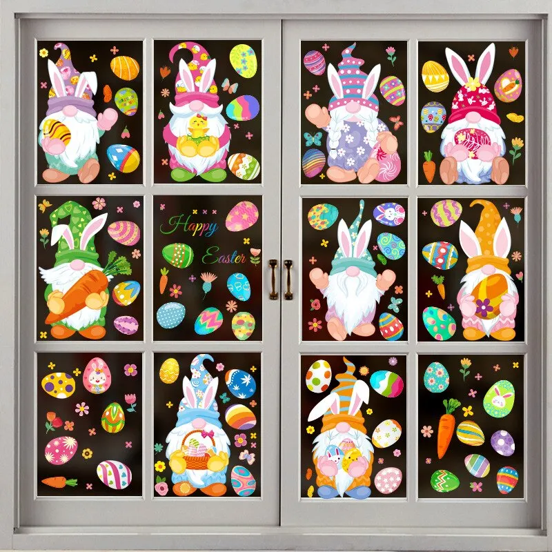 9Sheets Easter Window Stickers Cartoon Rabbit Egg Wall Sticker Fridge DIY Decal Happy Easter Party Decorations for Home 2022