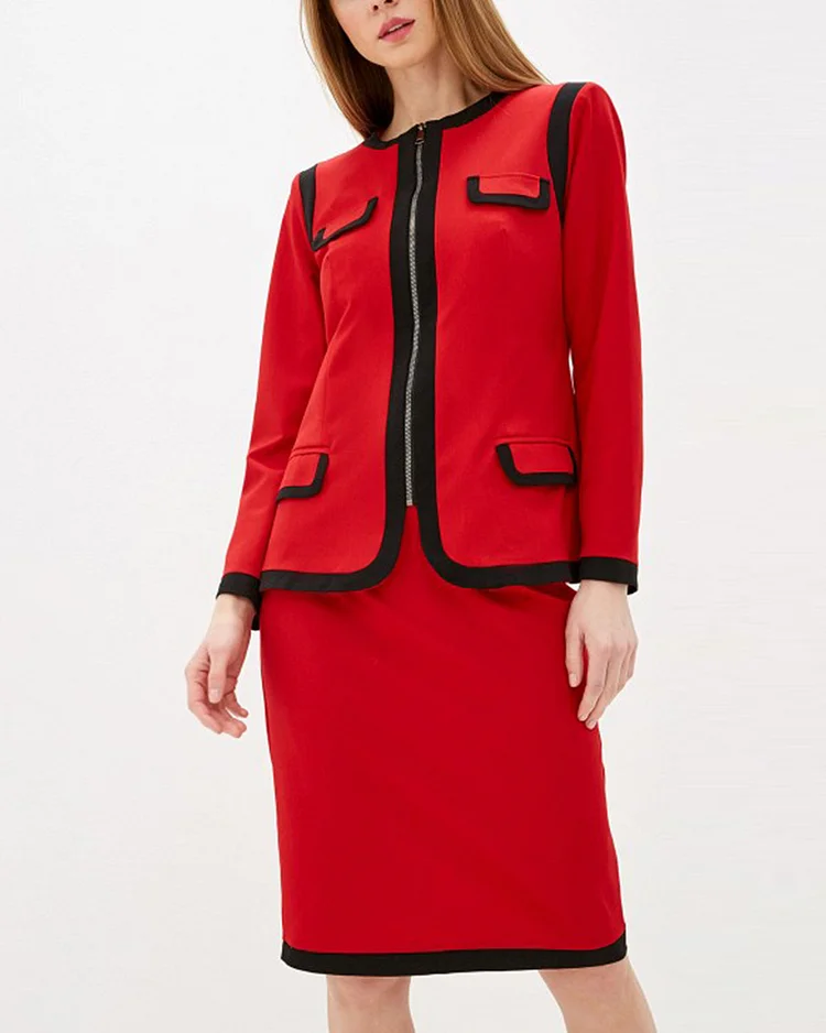 Elegant colorblock zip-up jacket and skirt two-piece set