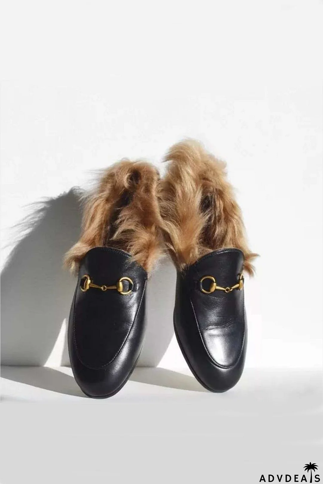 Rabbit Fur Lined Leather Loafer Mules
