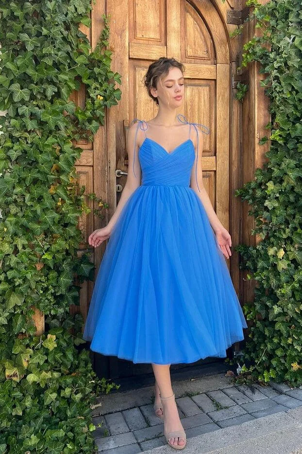 Lvs&Broner Chic Blue Tulle Spaghetti Strap Sleeveless V Neck A Line Homecoming Dress 