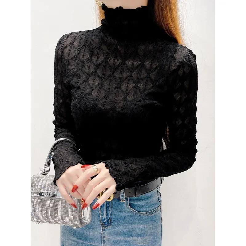 Uveng Uveng Temperament High-Neck Net Yarn Bottoming Shirt Women Autumn And Winter Wooden Ears Thin Permeable Yarn Long-Sleeved Lace Tops