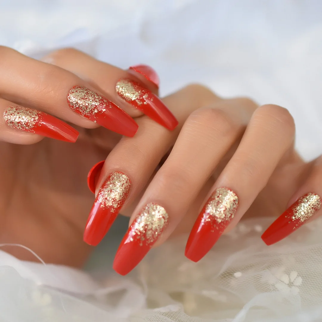 Detachable Fake Nails China-red Extra Long Coffin Press On Nail Art Gold Glitter Decoration Noble Nail Artificial Tips