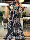 Stylish Floral Printed V-Neck Long Sleeves Maxi Dress