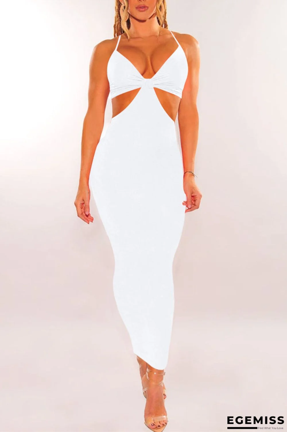 White Sexy Solid Hollowed Out Patchwork Spaghetti Strap Pencil Skirt Dresses | EGEMISS