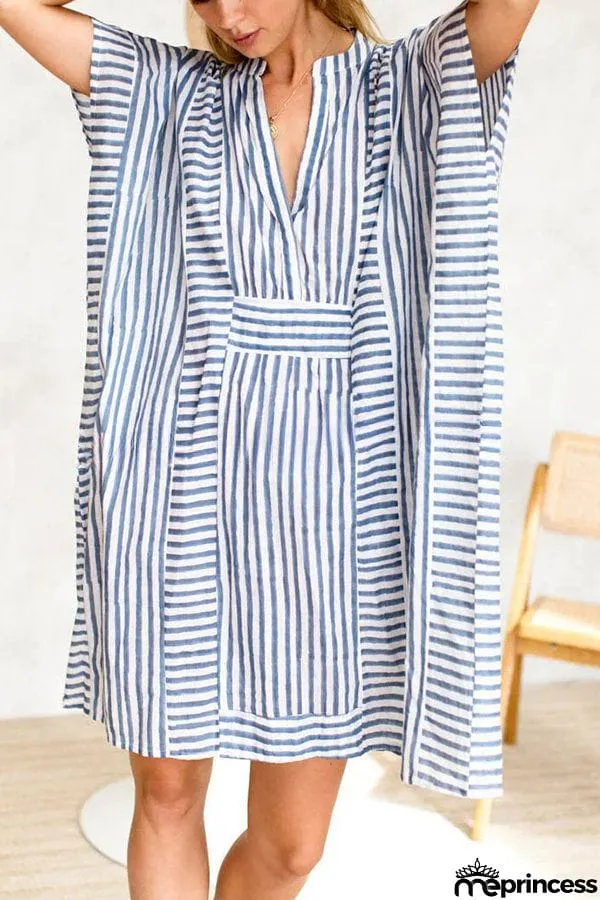 Organic Ocean Stripes Cotton Blend Dolman Sleeve Relaxed Mini Dress