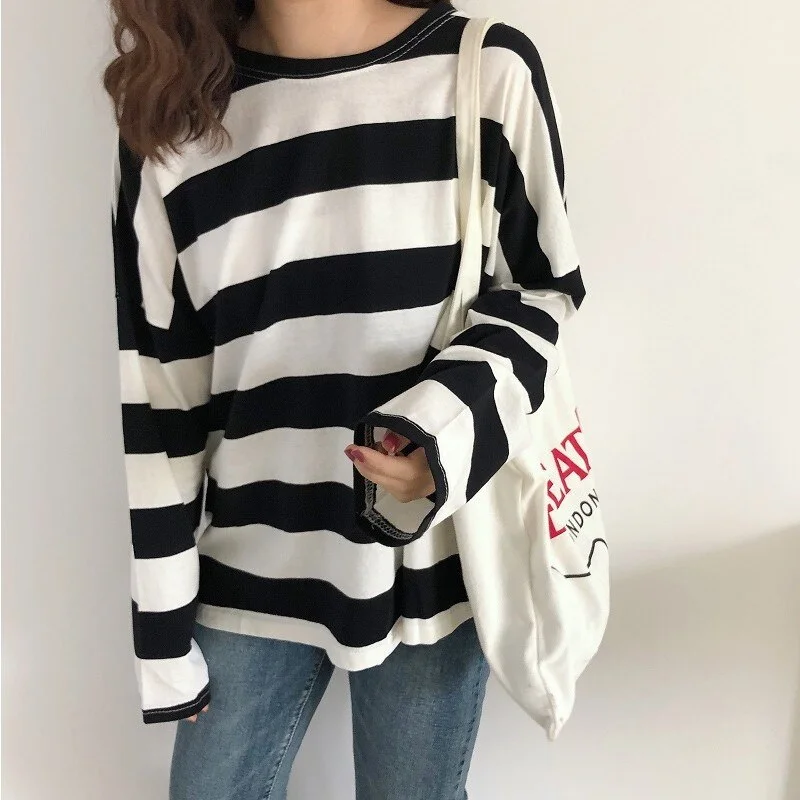 Wongn Sleeve T-shirts Women Spring Striped Loose 2XL Korean Style All-match Casual Womens Trendy Ins Teens Street Wear Simple New