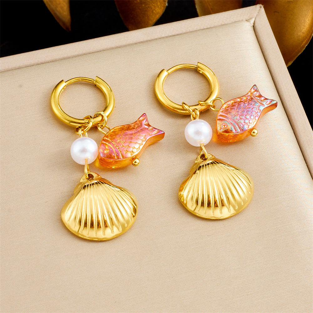 Korean Fashion Simple Design Gold-Plated Scallop Fantasy Goldfish Pendant Round Stainless Steel Earrings