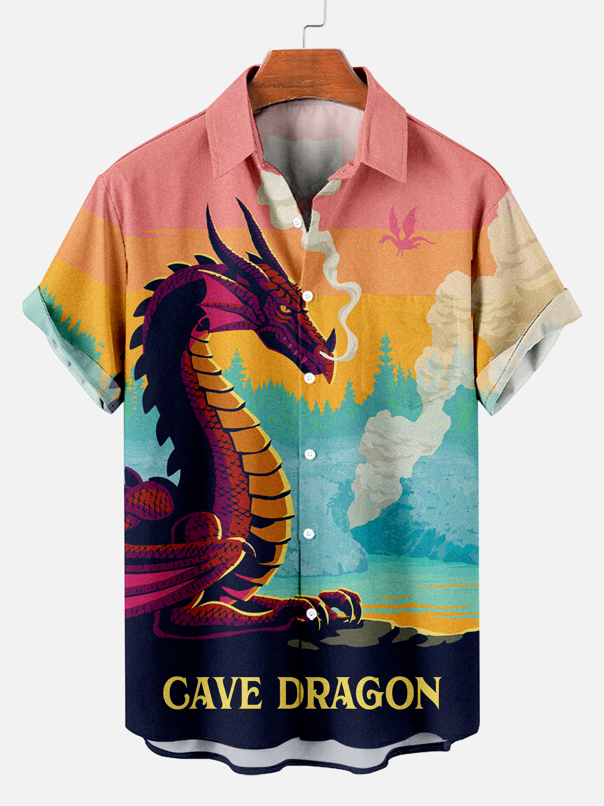 Men's Vintage Cave Dragon Graphic Short Sleeve Shirt PLUSCLOTHESMAN