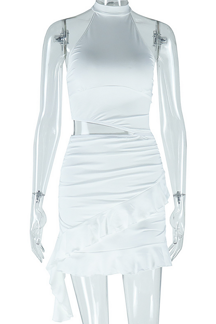 Sleeveless Stand Collar Waist Cutout Ruched Ruffled Mini Dresses-White