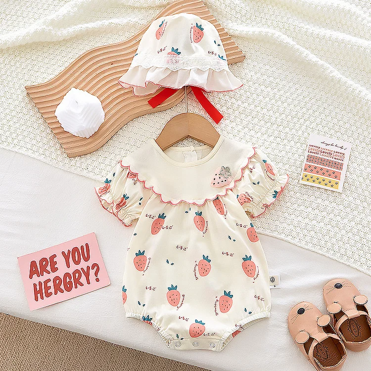 2pcs Baby Toddler Girl Strawberry Pineapple Bodysuit & Hat Set