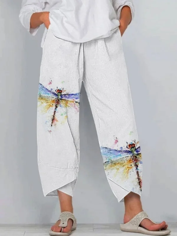 Women's Watercolor Dragonfly Printed Pocket Casual Pants