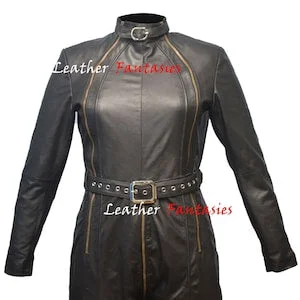 Pornhint Real Leather Women's Overall Catsuit With Rear Zipper And Adjustable Waist Belt Jumpsuit and collar