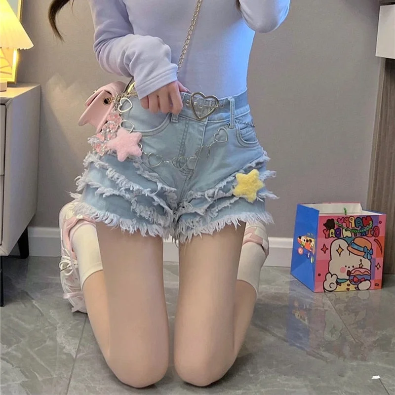 Frilly Denim Star Shorts And Chain