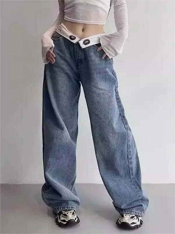 Brownm Hop Boyfriend Baggy Jeans with Foldable Waistband