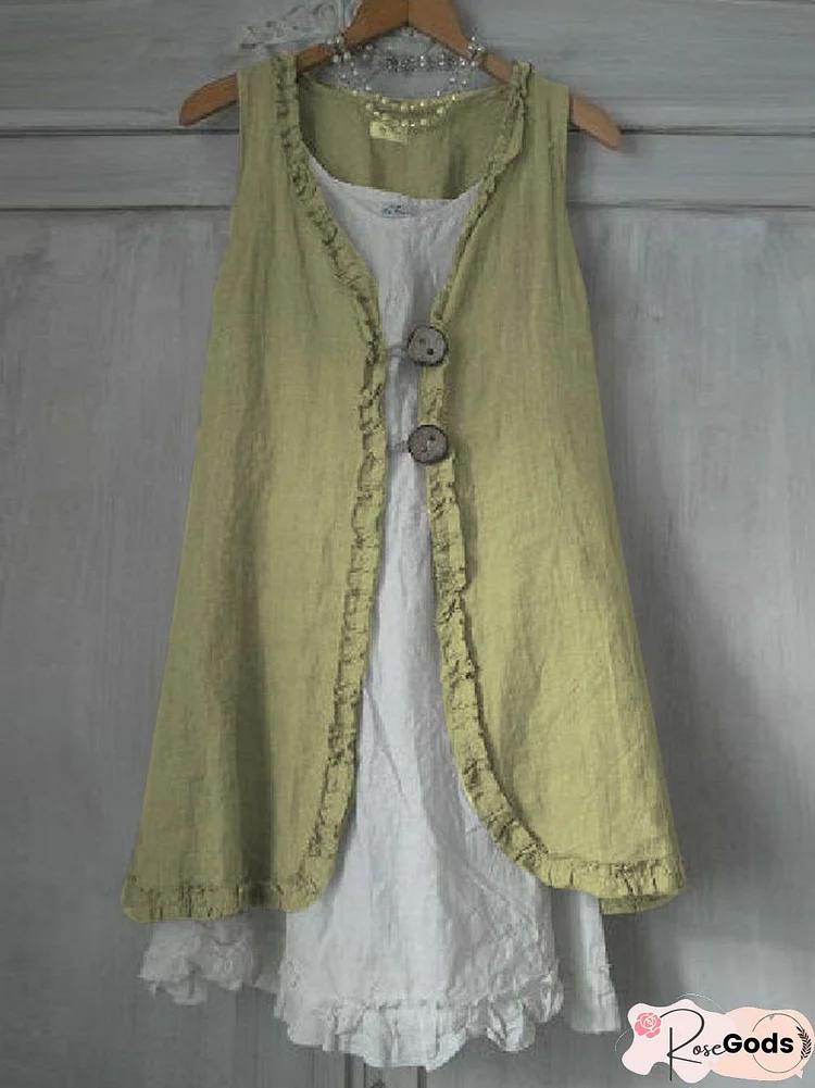 Buttoned Ruffled Sleeveless Linen Solid Shirts & Tops Linen