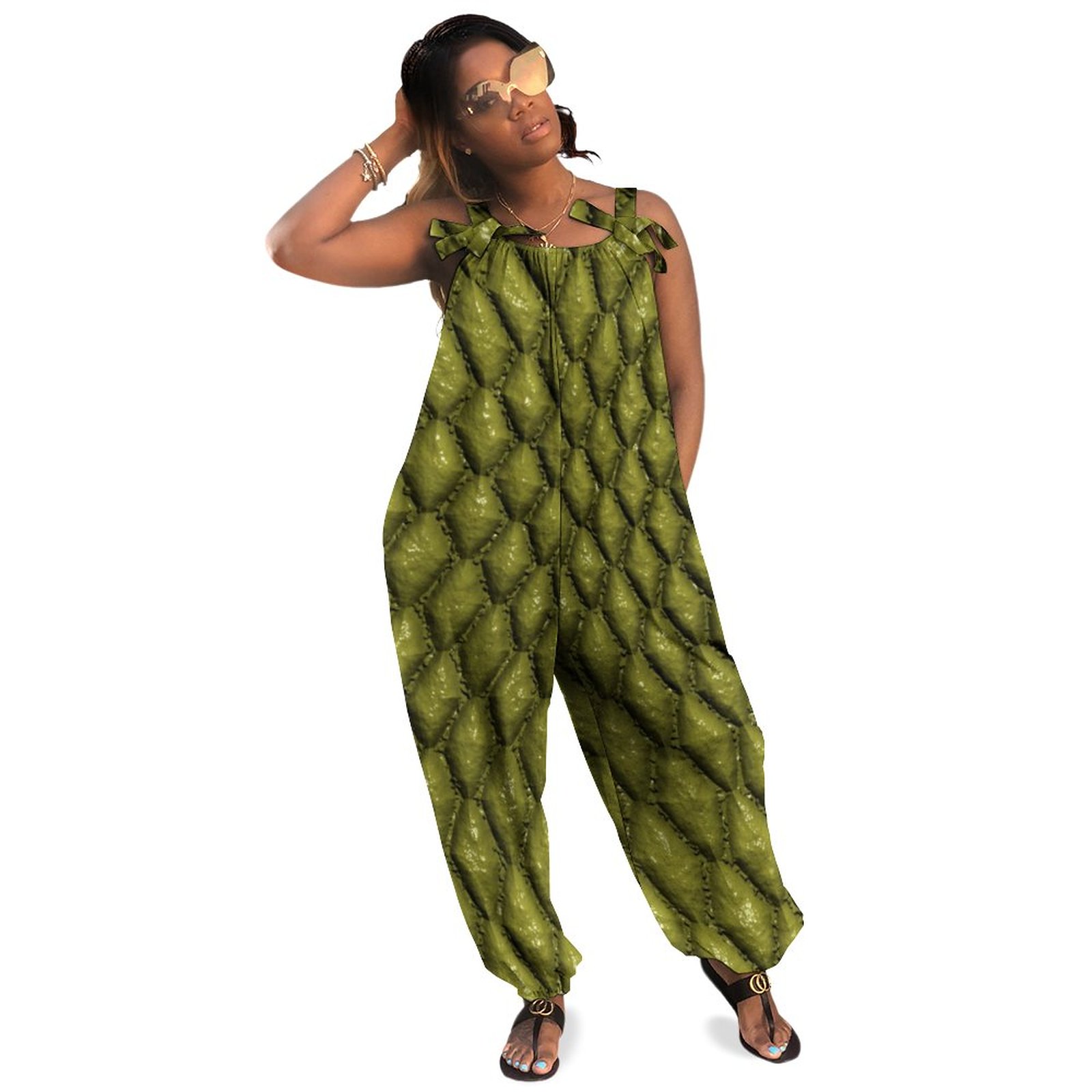 Green Snake Scales Plus Size Sleeveless Jumpsuit Summer Harem Pants Women Dressy Jumpsuits For Evening Wear Overalls Playsuit Casual Long Length