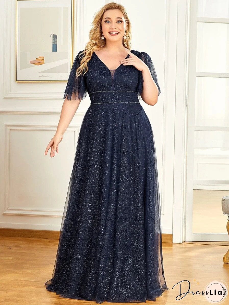 Elegant Golden Stamped Ruffle Sleeve Evening Gown
