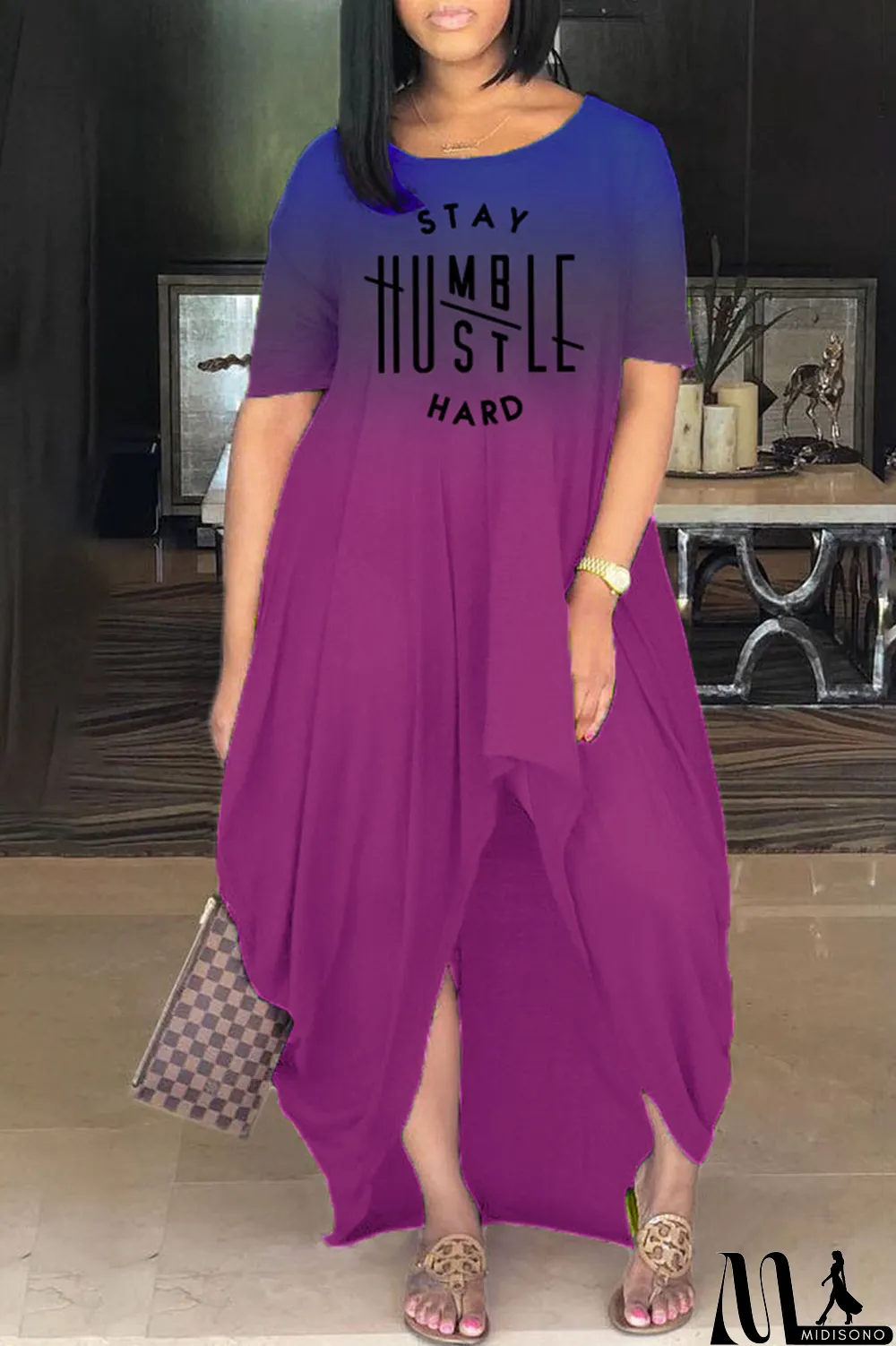 MidiSono - Yellow Casual Gradual Change Print Patchwork Asymmetrical O Neck Irregular Dress Dresses