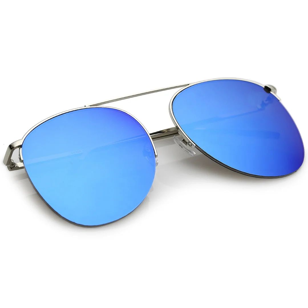 Oversize Semi-Rimless Metal Aviator glasses Crossbar Colored Mirror Flat Lens 61mm