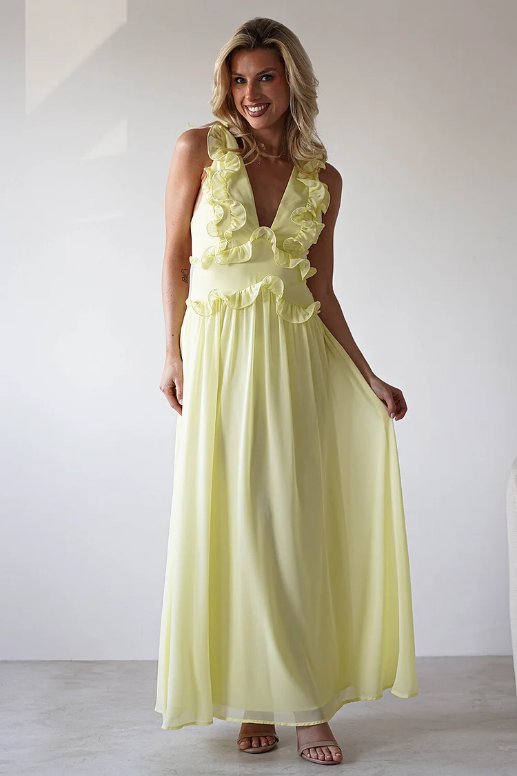 Plunge Neck Ruffled Tie Up Backless Sleeveless Maxi Dresses-Yellow [Pre Order]