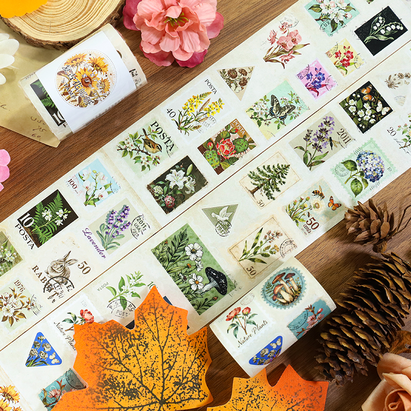 와시 테이프 - 60mm*200cm 빈티지 식물 꽃 스탬프 앨범
