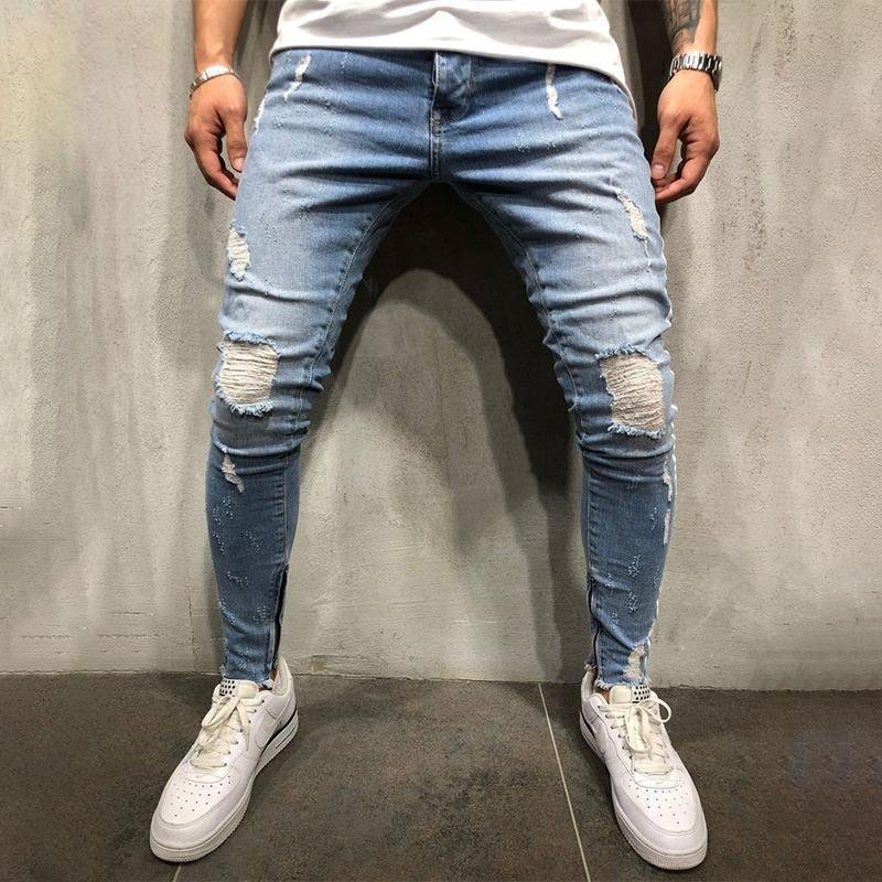 Ripped Holes Zipper Bottom Stitching Jeans