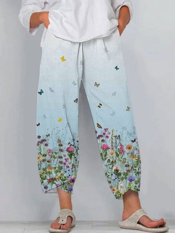 Women's Flower Butterfly Printed Pocket Casual Pants