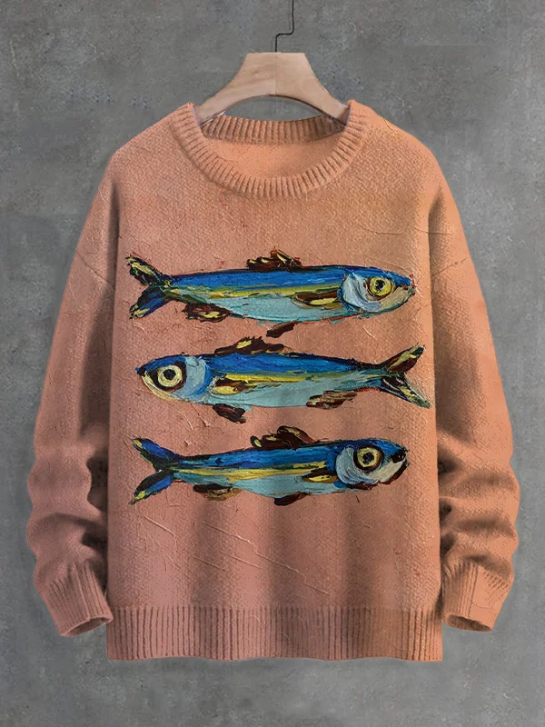 Men's Sardine Oil Painting Art Print Knit Sweatshirt