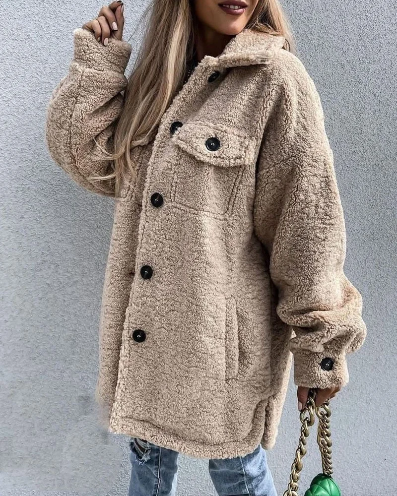 Long Sleeve Flap Pocket Button Down Teddy Coat