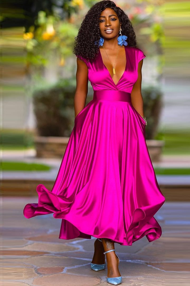 V Neck Satin Prom Maxi Dresses