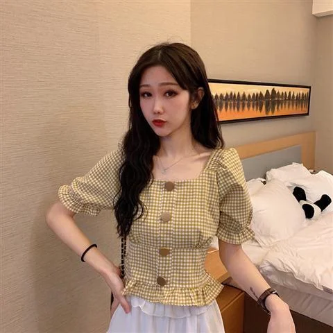 Shirts Women Summer Chic Plaid Novelty Korean Style Hem Ruffles Button Classic Slim Tunic Top Short Holiday Student Kawaii Daily