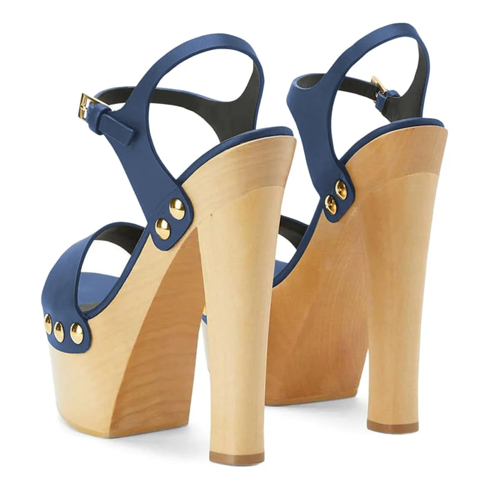 Navy Open-Toe Ankle Strap Studded Platform Sandals with Chunky Heels